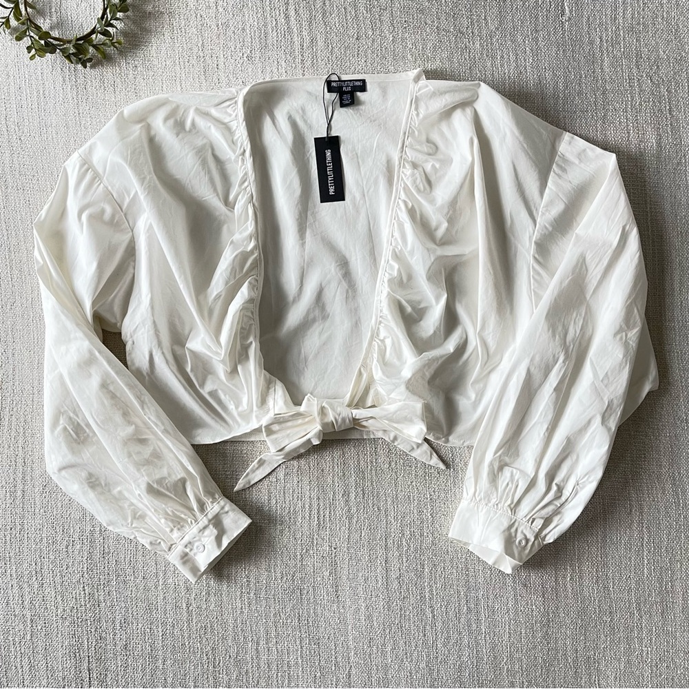 PrettyLittleThing Plus White Tie Front Ruched Blouse - Size 16